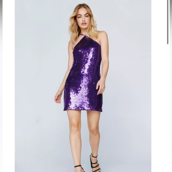 Nasty Gal Purple Sequin Halter Mini Dress - Picture 1 of 4